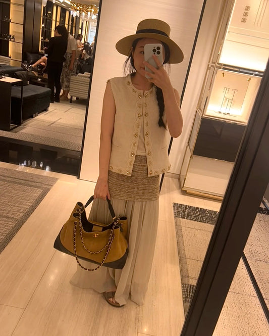 New CHAN Antelope leather color matching vertical Hobo bag