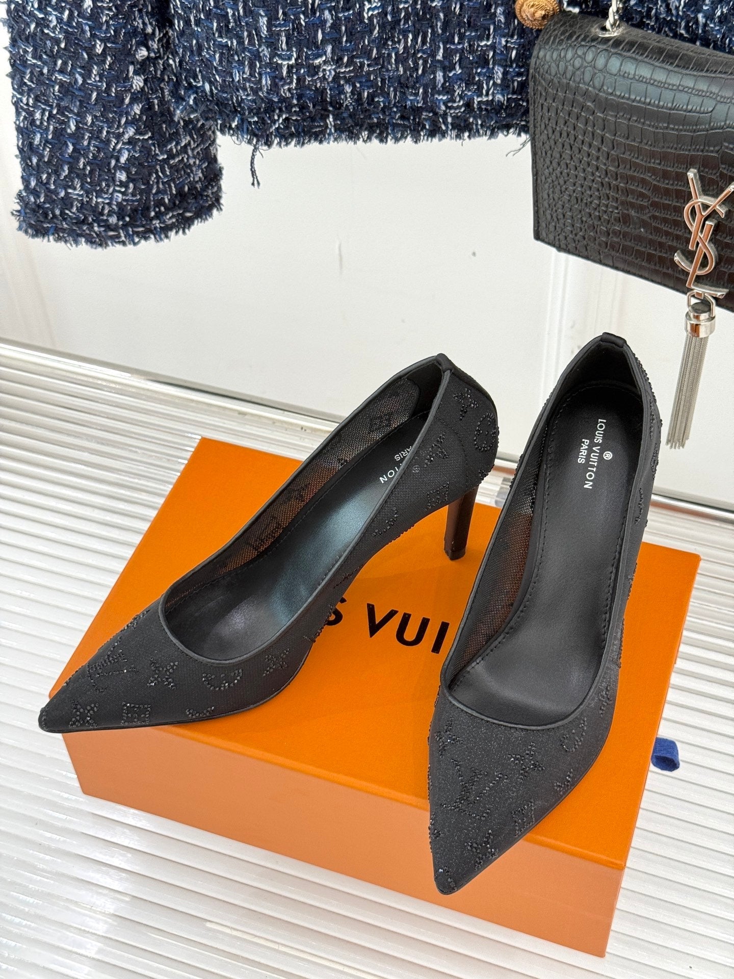 Louis New Rhinestone mesh pointed high heels