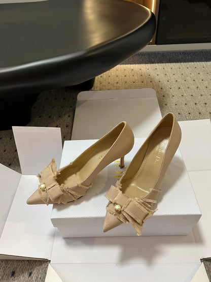 D* New Arrival Bow Pearl Kitten Heel Shoes