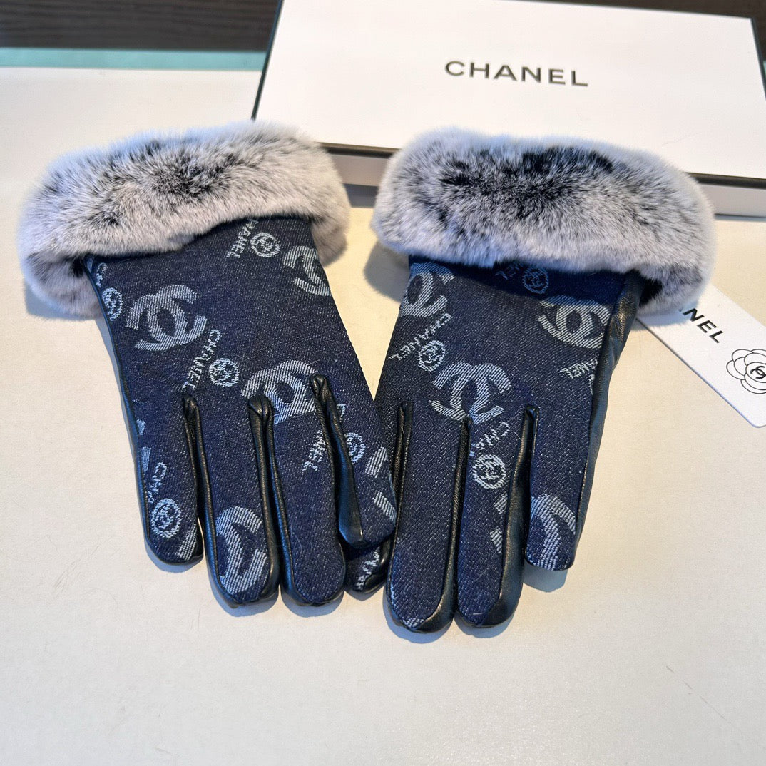 Chan New woolen denim and sheepskin gloves