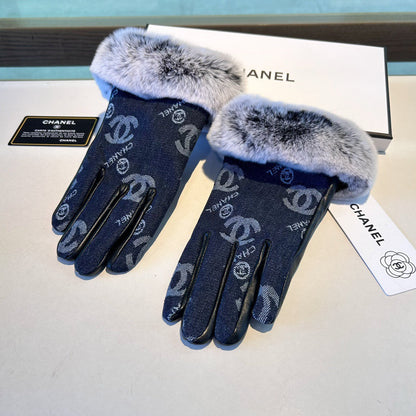 Chan New woolen denim and sheepskin gloves