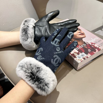 Chan New woolen denim and sheepskin gloves