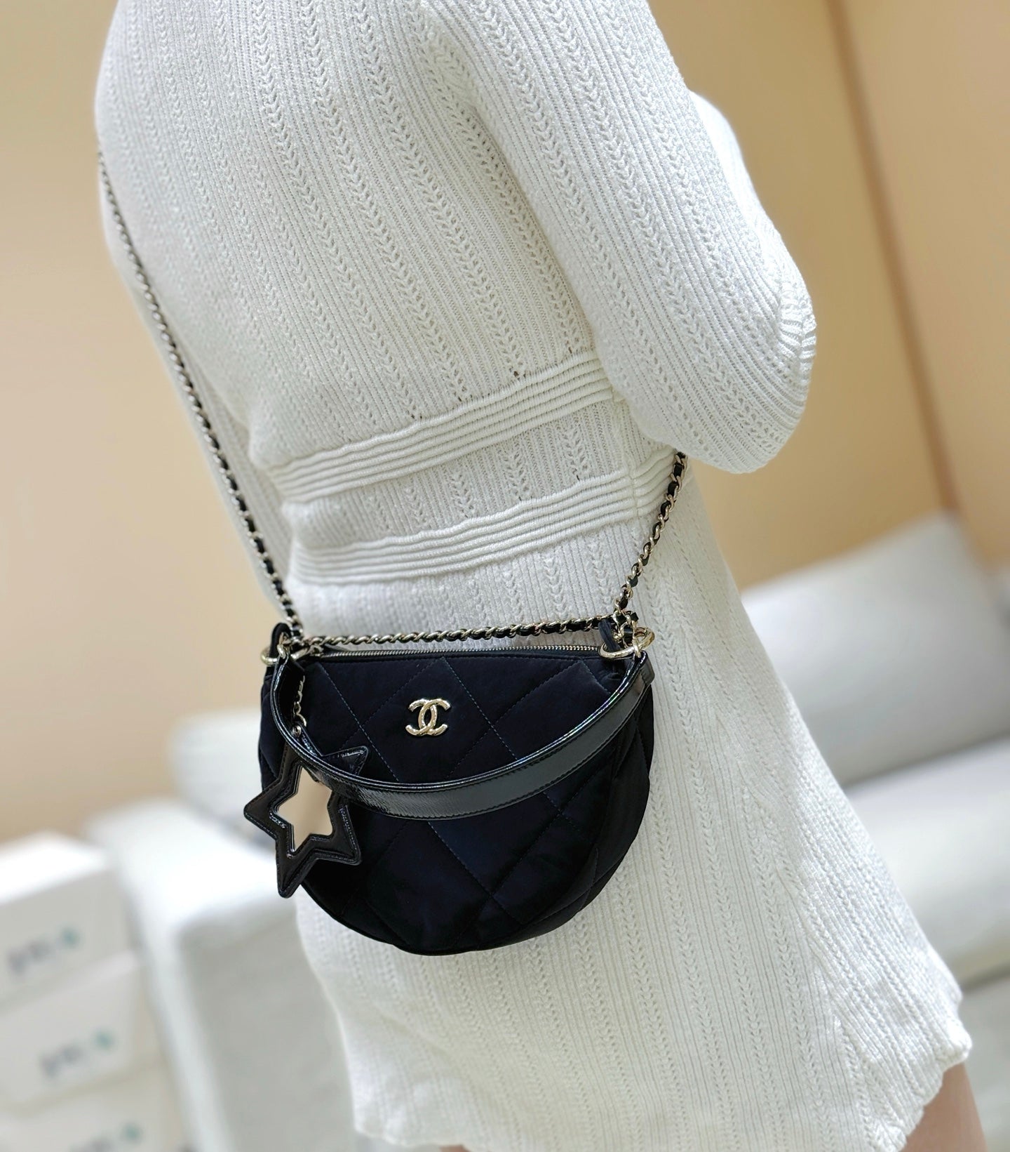 New CHAN velvet crescent bag