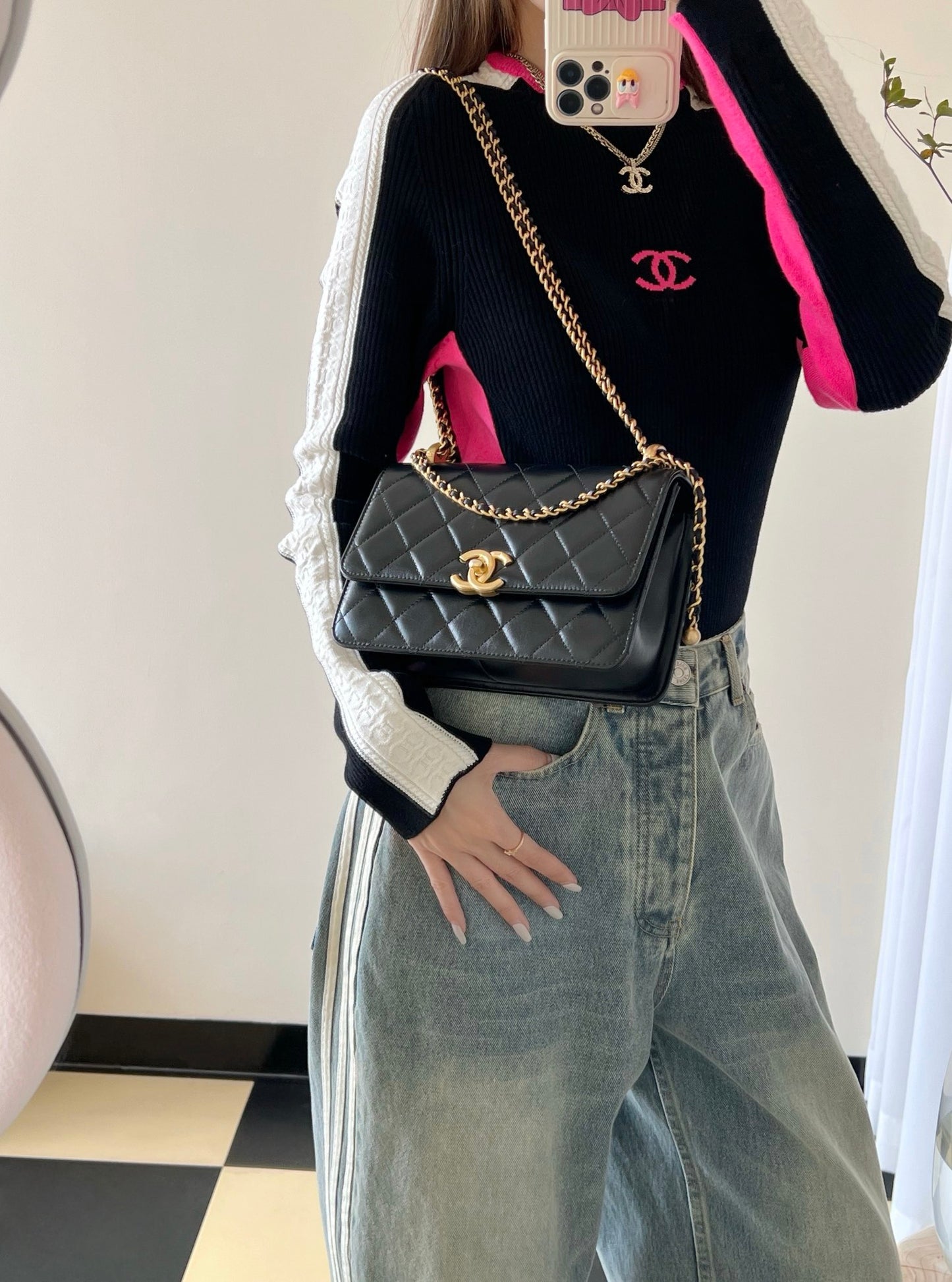 Chan New 24c Double gold bead flap bag