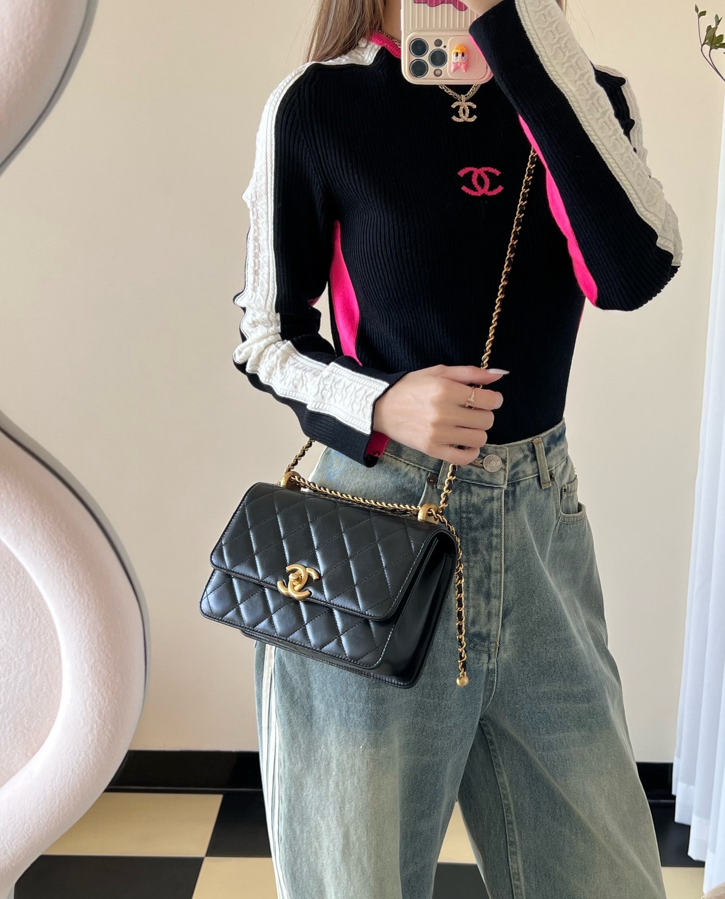 Chan New 24c Double gold bead flap bag