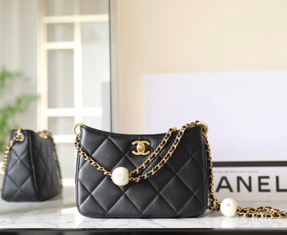 Chan New 24s Double Pearl Hobo Crossbody Bag