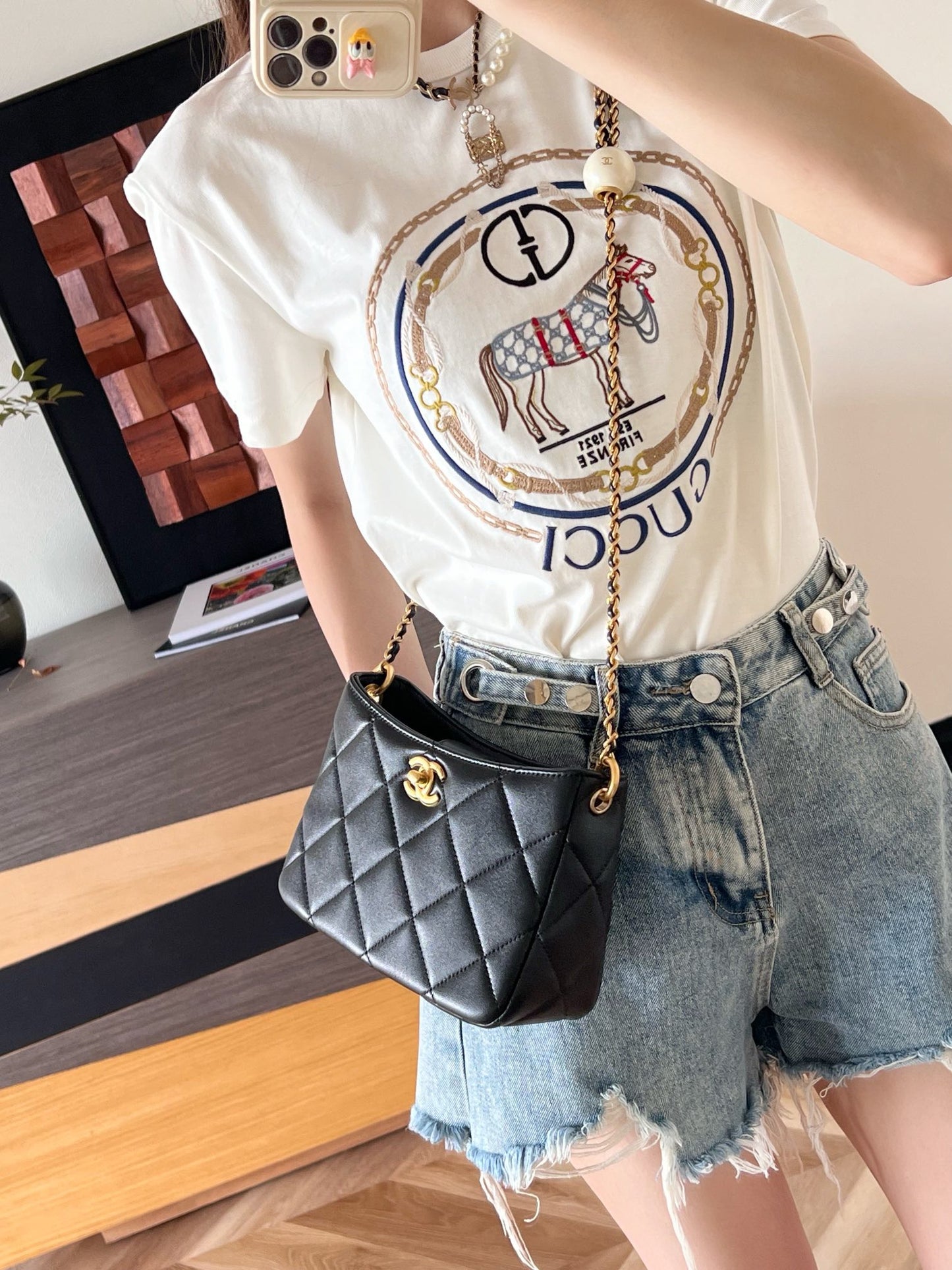 Chan New 24s Double Pearl Hobo Crossbody Bag